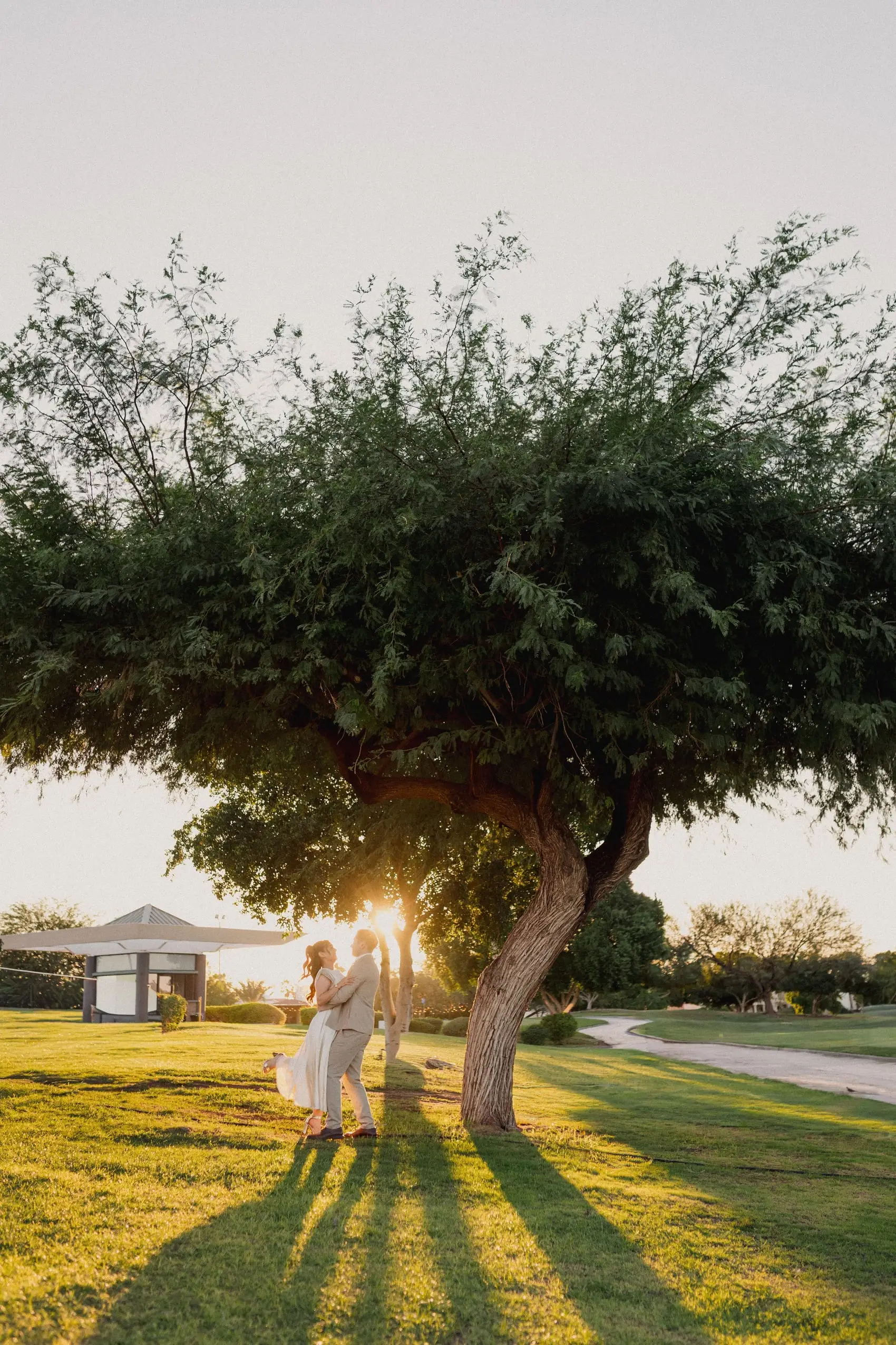 Camila y Sebastián bajo un árbol grande, a contraluz, con sombras largas sobre el pasto